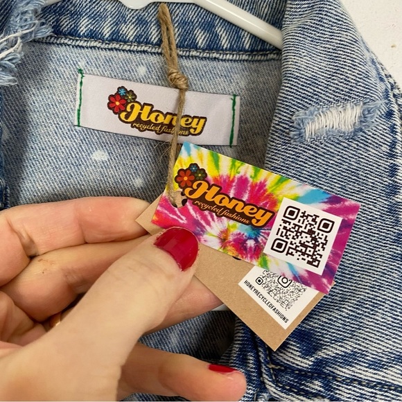 Handmade Jean Jacket Womens Small Denim Floral Mandala Blue Green Gold Upcycled - Picture 12 of 14